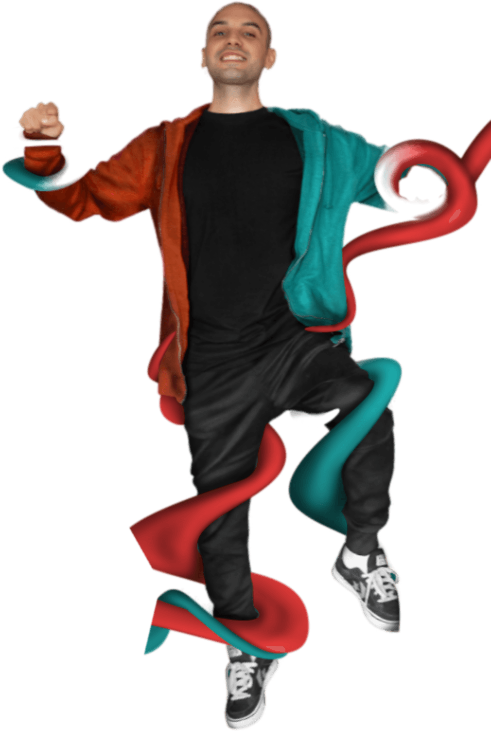 Filip Lazarov mid-jump in a half red, half turquoise hoodie, with red and turquoise strands wrapped around him