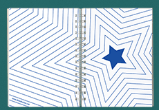 Spiral notebook with a radiating line pattern and blue star