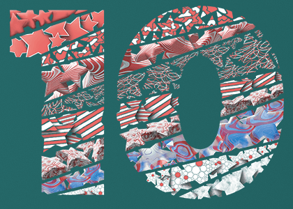 A giant numeral 10 filled with patterned stars and textures