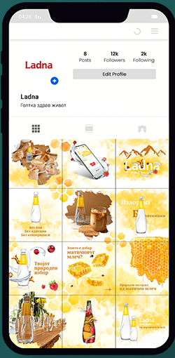 Instagram feed on a phone with a honey-themed Ladna grid